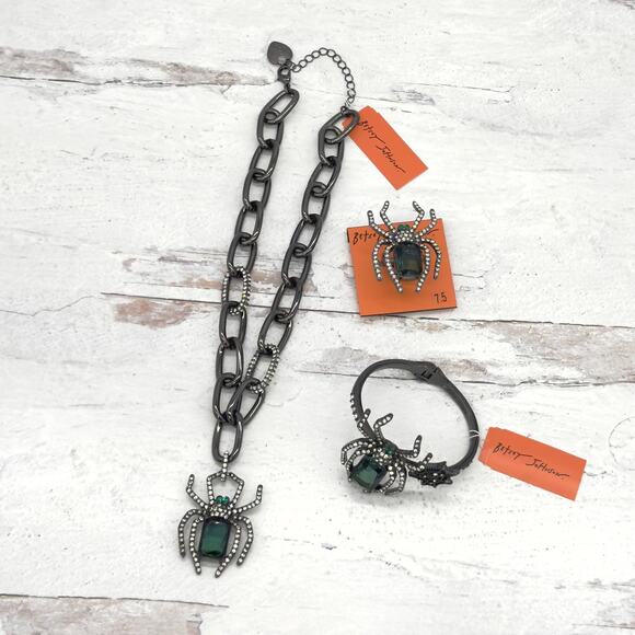 3 Pc Betsey Johnson Rich Witch Spider Set Green Stone Necklace Bracelet & Ring - Picture 1 of 12